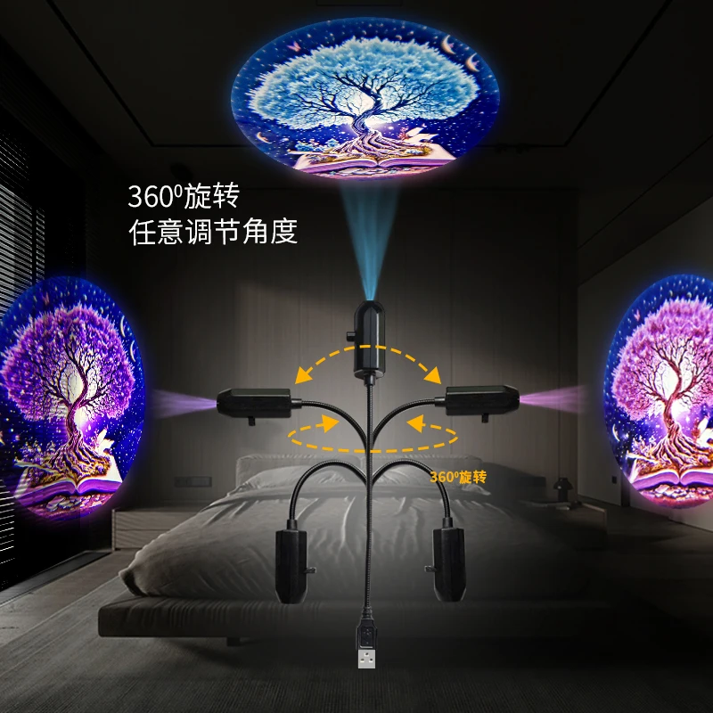 LED USB Tree Projector Light 3pcs Projection Patterns- Adjustable Red Purple Blue Night Light Atmosphere Lamp Festival Gift