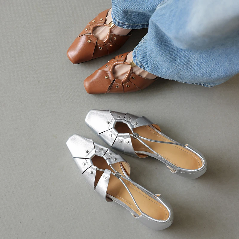 2026 new summer women sandals natural leather 22-25cm cowhide+sheepskin+pigskin square toe slip-on women shoes fashion