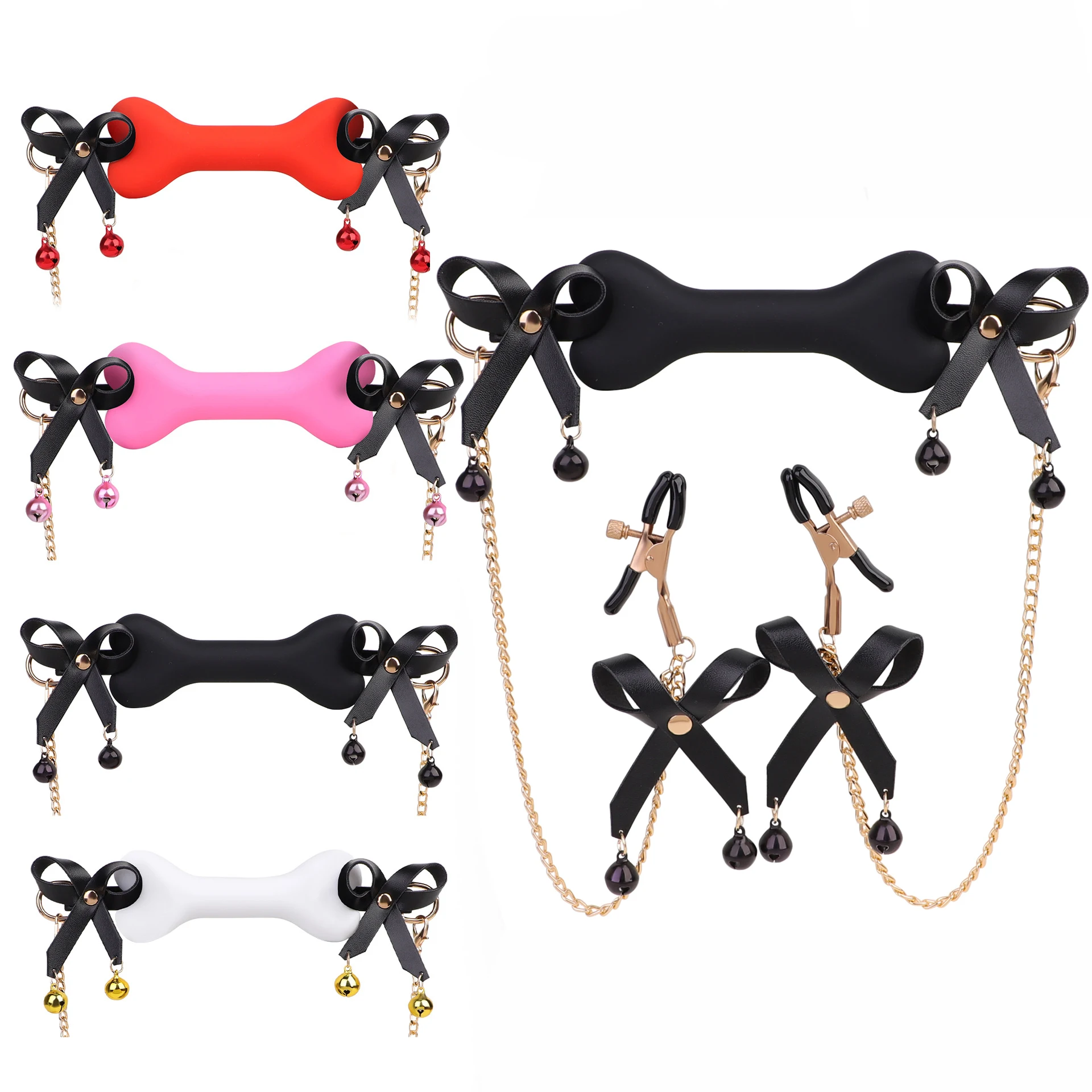 Female Nipple Clamp Mouth Ball Gag Sex Toy Set With Ring Bell Bone Shape Silicone Mouth Gag Bra Stimulate Clip Bowknot Sex Toys
