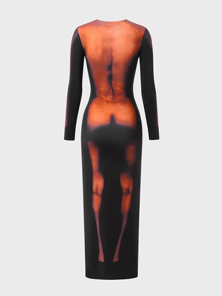 Sexy 3D body print long dress women's aesthetic long sleeves unique sexy body-shaping dress party Y2K dress