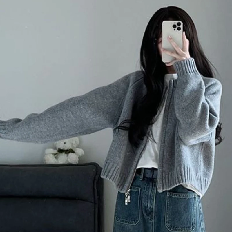 Zip-up Loose Cardigan Women Cozy Outwear Pure Casual O-neck Streetwear Tender Fashion Knitted Students Ulzzang Кардиган Женский