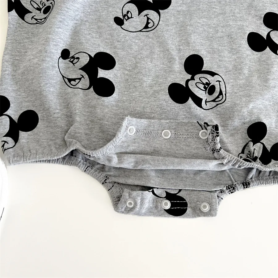 Disney Mickey 0-2 Years Old Cartoon Triangle Butt Suit Male Treasure Fashion Cotton Print Gray Summer Short Sleeve Crawl Suit