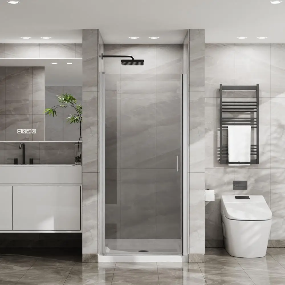 

34" Pivot Shower Door 72"H Chrome Semi-Frameless Tempered Glass with 35.4" White Acrylic Base Adjustable Width