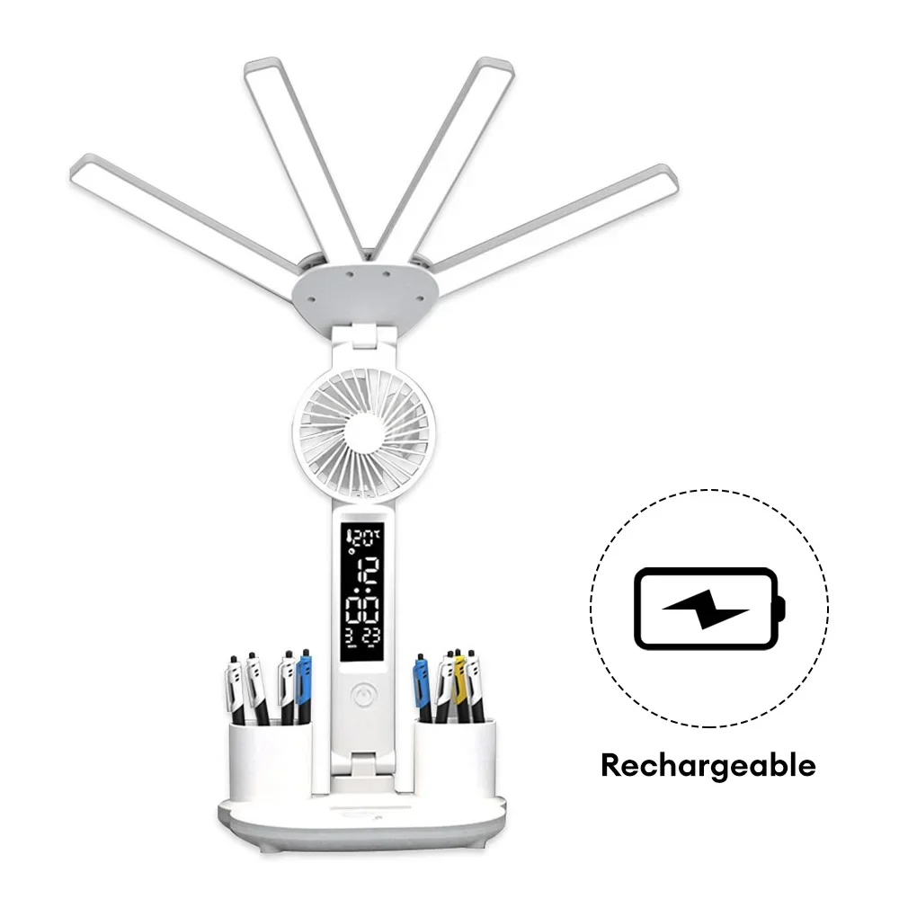 

Настольная лампа для защиты глаз, Складная Настольная лампа с четырьмя головками и вентилятором, USB-зарядка, лампа для чтения, 3 цвета