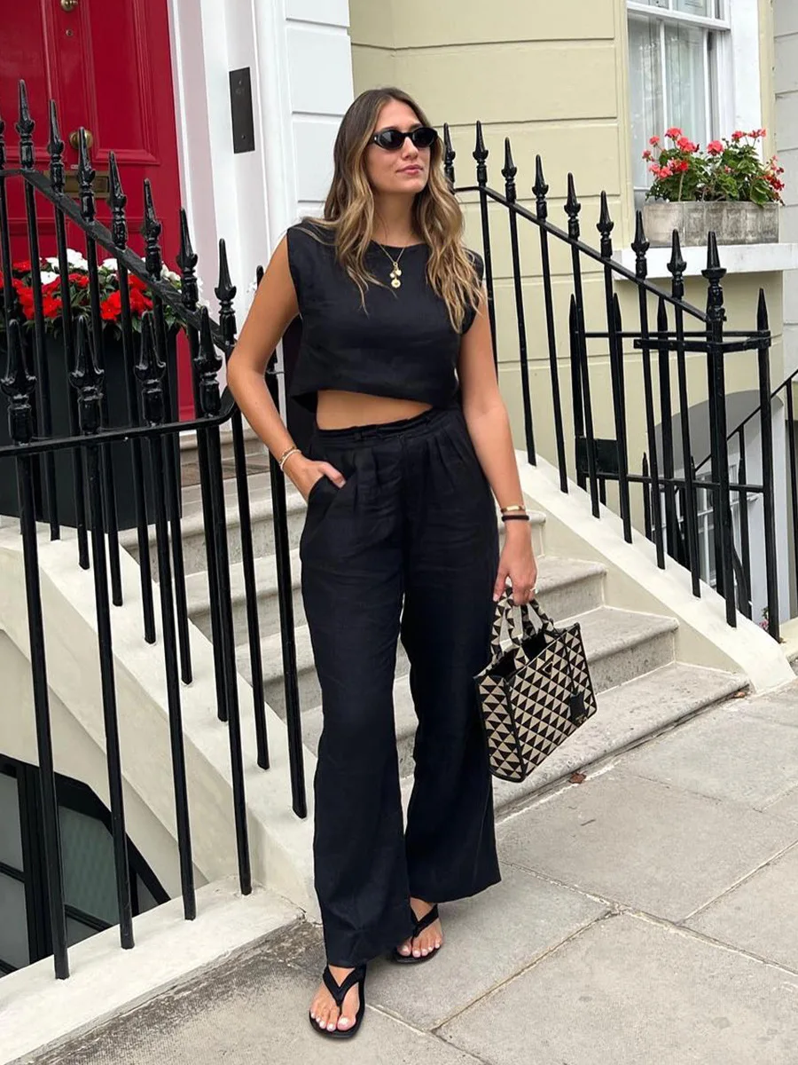 

Black Pleated Wide Leg Pants Sets Women O Neck Sleeveless Crop Tops+High Waist Trouser Summer Casual Fashion Simple 2 Piece Set