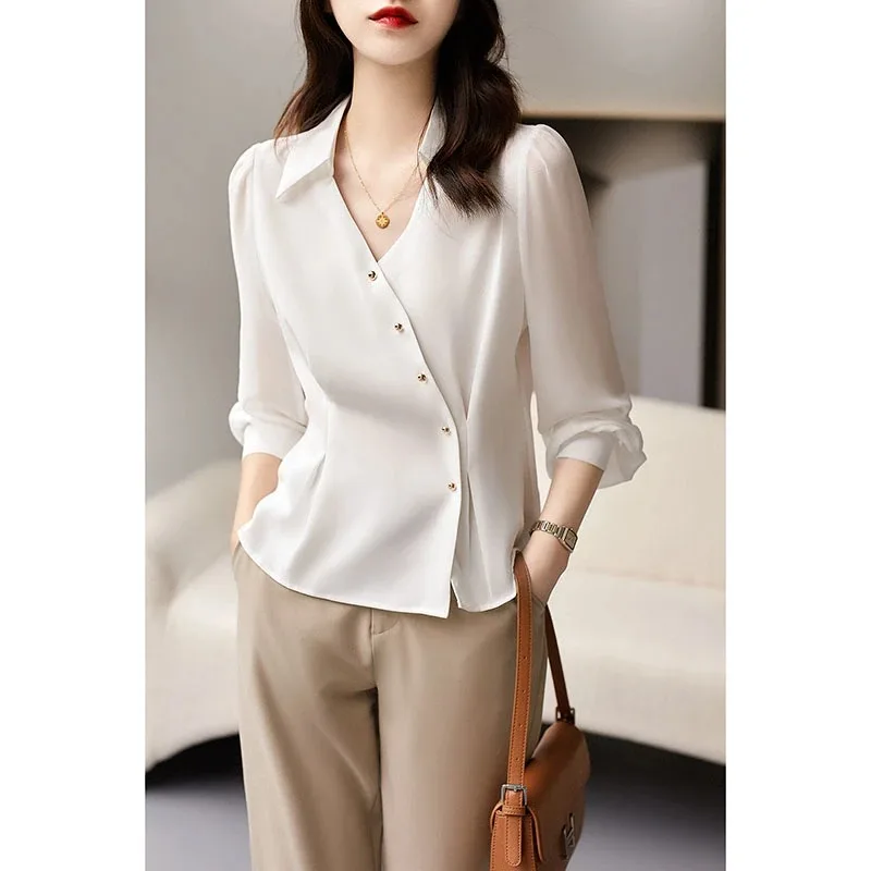 

Women's Satin V-Neck Blouse Lantern Sleeve Button-Down Office Shirt