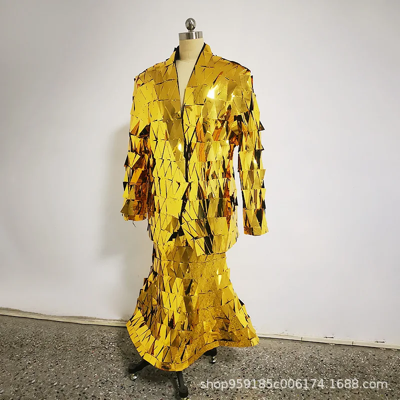 

Golden skirt, mirror suit, bar wine suit, stage performance costume, performance prop suit, stilt lens suit