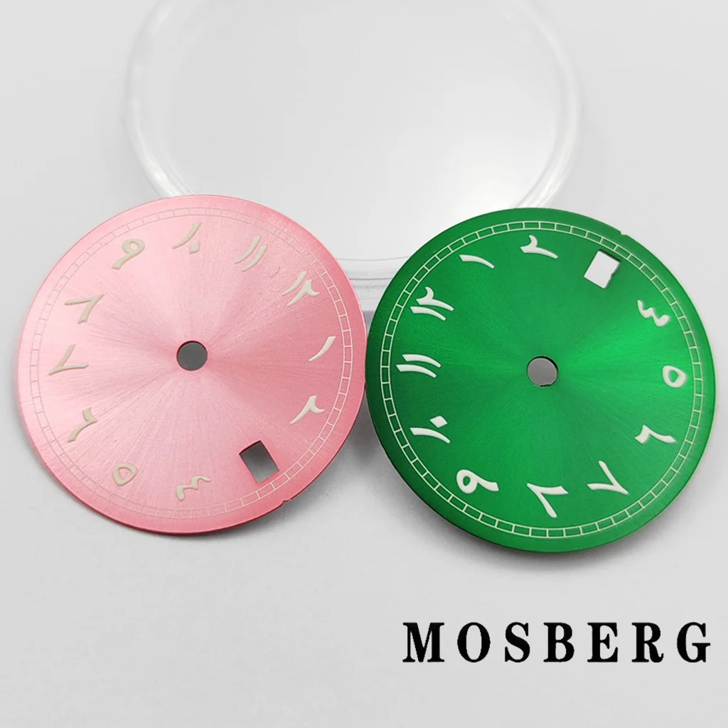 Esfera de reloj negra estéril de 29mm, esfera luminosa verde para NH35 NH36, movimiento compatible con 3,0 en punto a las 3,8 en punto