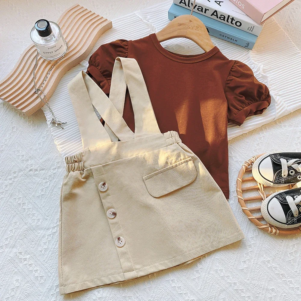 3-7Y Solid Color Casual Girls Suit Summer Puff Sleeve T-Shirt Button Strap Skirt Outfits Brown Khaki Two Piece Sets Kids Clothes