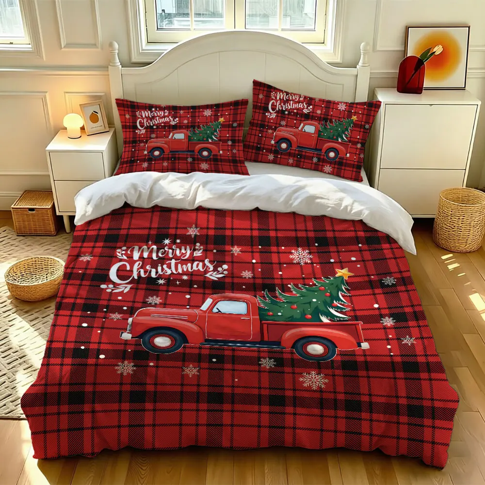 3pcs(1 bedspread + 2 pillowcases) featuring a red truck-themed Christmas tree pattern on plaid base home decoration item
