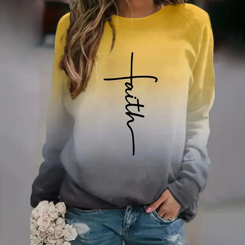 Women\'s New Long Sleeve Tops Gradient Faith 3d Letter Printed Round Neck Basic Shirts & Blouse Female Clothing Winter Autumn