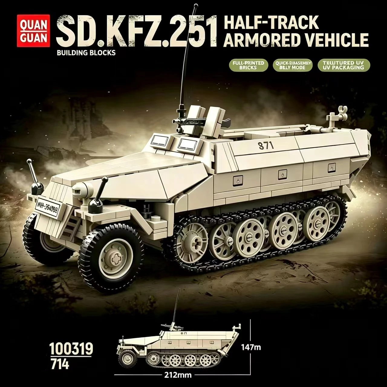 100319 Sd.Kfz.251 Half‑Track Armored Vehicle Building Blocks 714Pcs, Model Bricks with Random Minifigure for Hobby Display