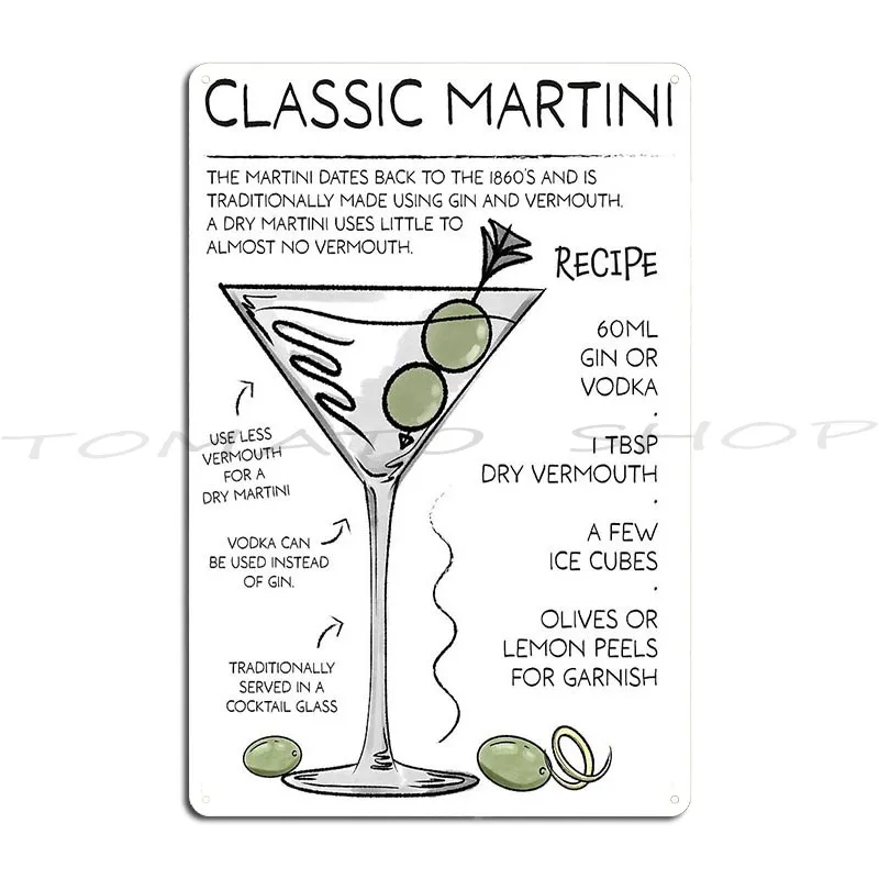 Classic Martini Recipe Metal Sign Plaques Design Club Iron Tin Sign Poster