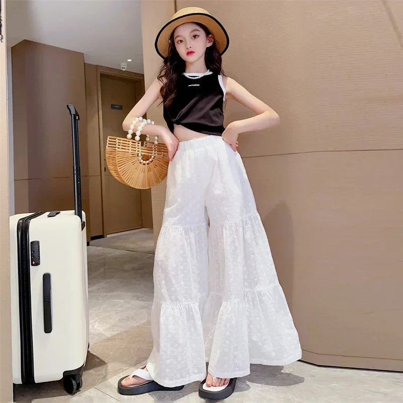 

Stylish Trousers Girl White Hippie Beach Bohemian Children's Bottoms Floor mop pants Vintage Chic Pleats Boho Wide Leg Pant Suit