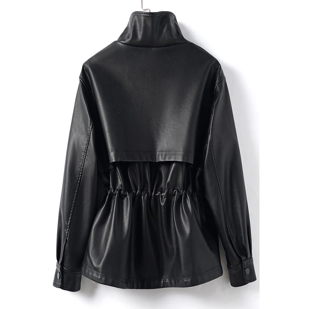 New Women Split Leather Short Coat Spring Autumn Fashion Turtleneck Long Sleeve Drawstring Slim Waist Leather Jacket Casual Coat view 2