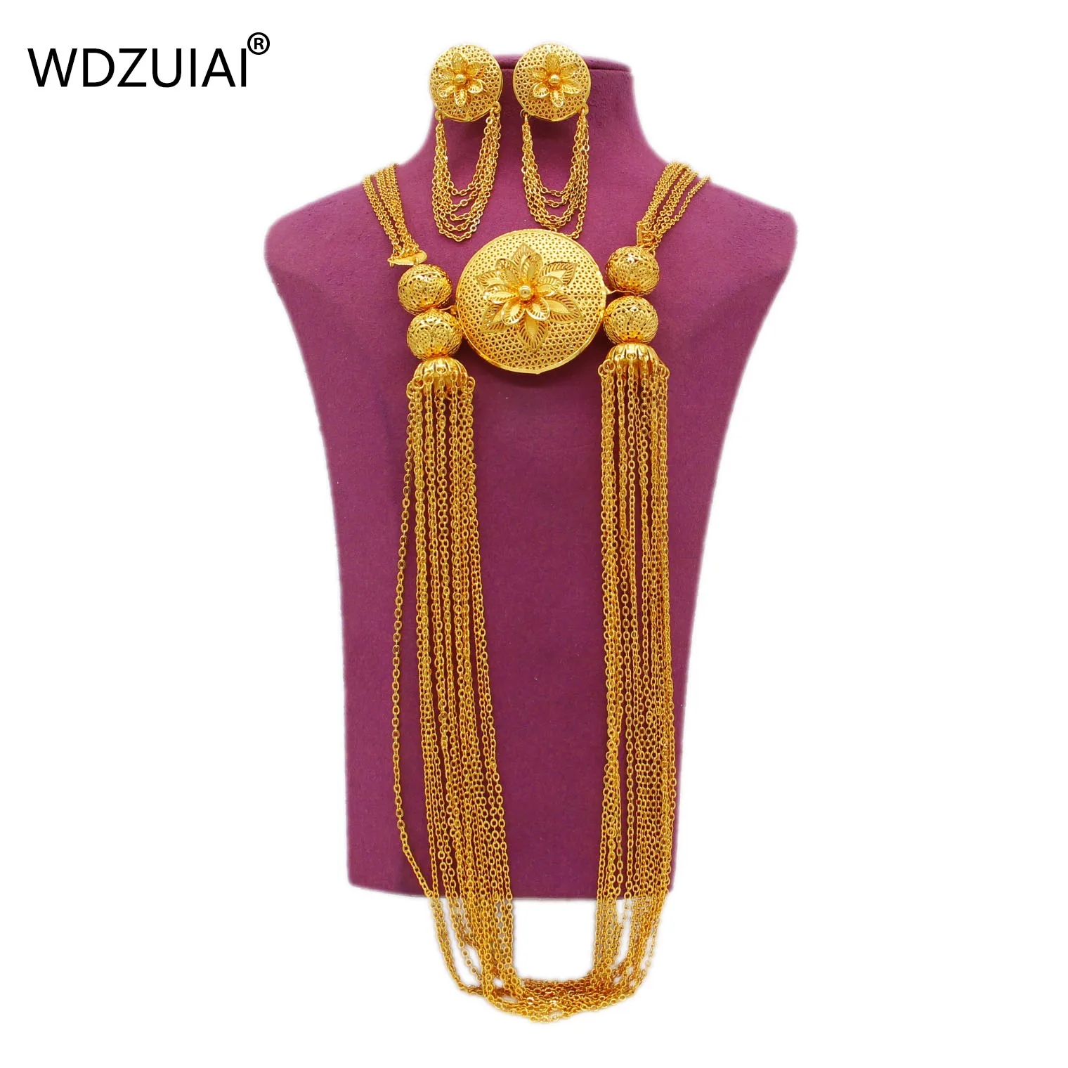 WDZUIAI 24K Gold Color Tassels Necklace/Earrings Set for Women Girls  African Canada Spain Bridal Luxury Jewelry Party Best Gift