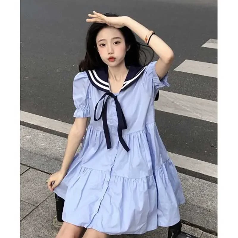 

Sweet Sailor Collar Spliced Solid Color Folds Bow Mini Dress Female Clothing Spring Summer Loose Puff Sleeve Shirt Dress A60