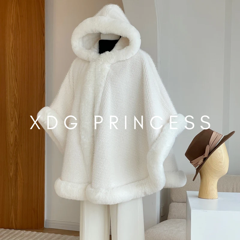 Winter New Thicken Mink Wool Full Trims Faux Fur Cape Outerwear Hood Loose Fleece Cloak Coat Women Party Dress Wraps Warm