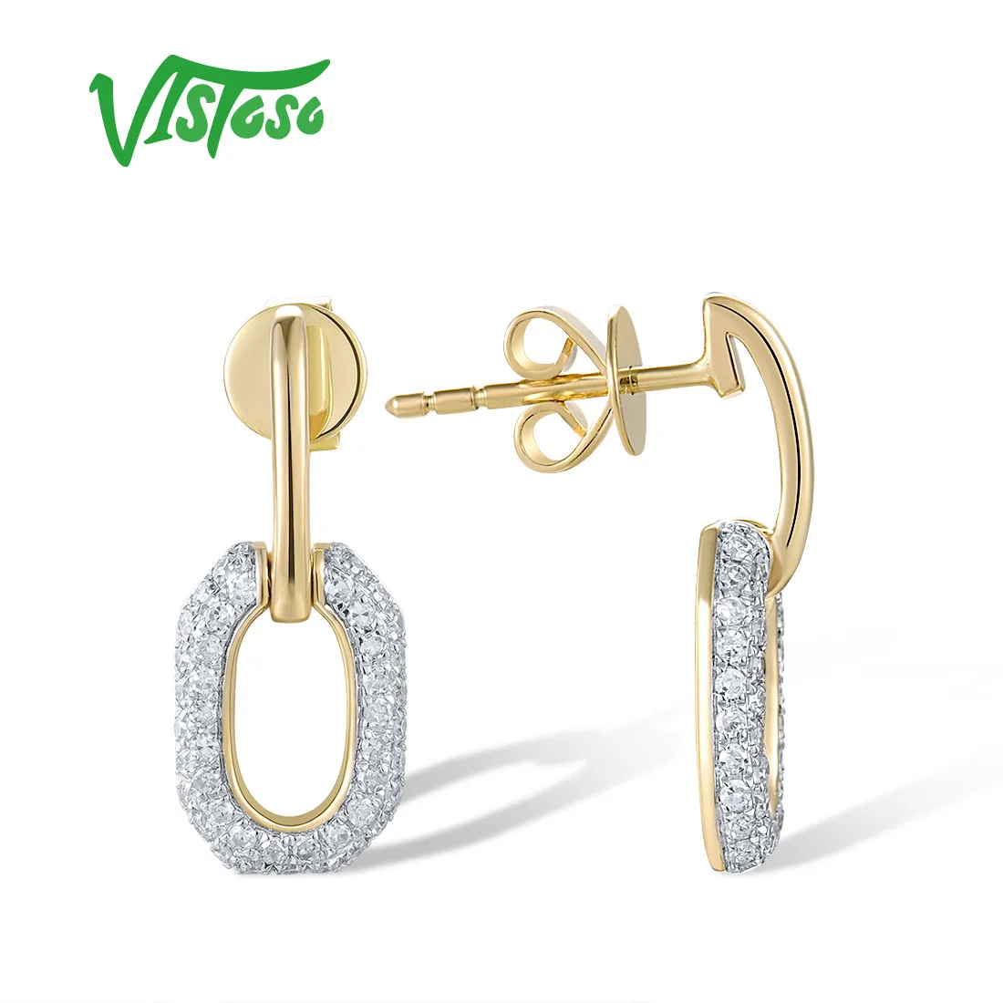 VISTOSO Pure 14K 585 Yellow Gold Stud Earrings For Women Sparkling Genuine Diamonds Dangling Geometric Fine Trend Jewelry