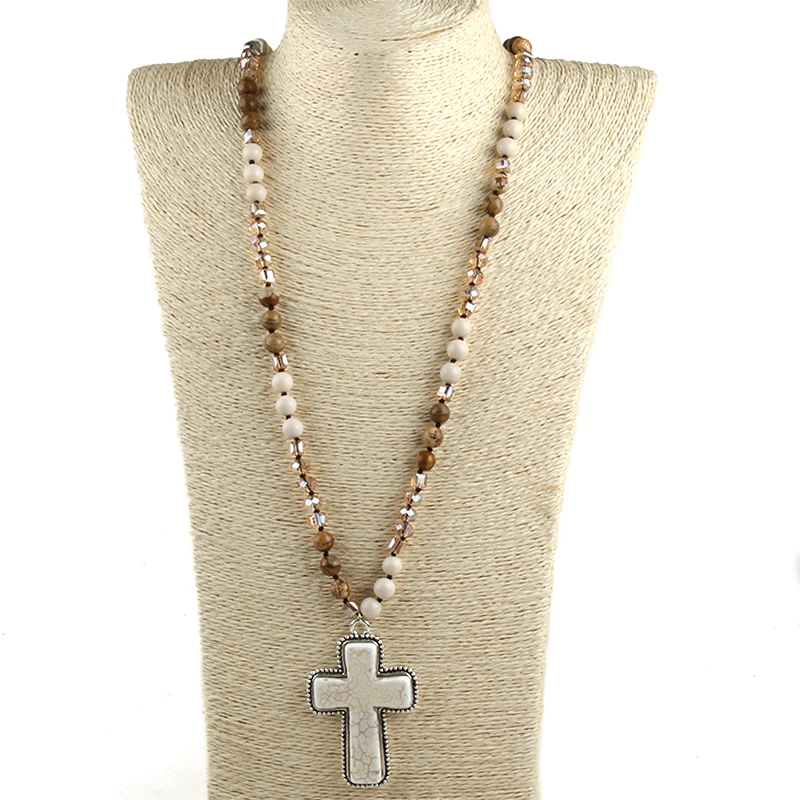 RH Fashion Bohemian western Jewelry 8mm Stone Knotted Cross Pendant Necklace For Women Festival Gift