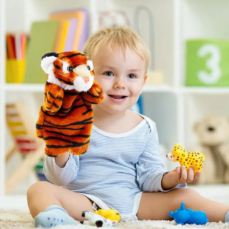 Marionetas de dedo de tigre de peluche, juguetes de animales de dibujos animados, marionetas de mano, muñeca de tigre suave para niños y adultos