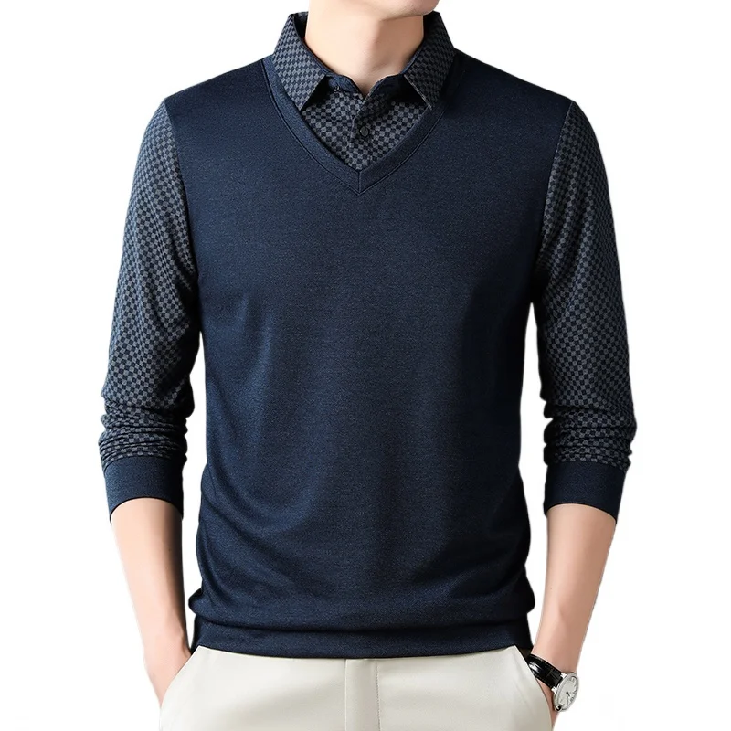 New Men's Polo Shirt Plaid Casual Long Sleeved Pullover   Lapel Men's Clothing