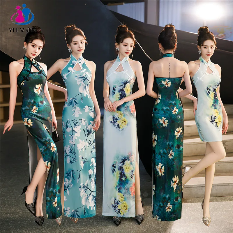 

Сексуальное платье с цветочным принтом в национальном стиле, новое платье Cheongsam в китайском стиле, женская тонкая юбка с разрезом на бедрах