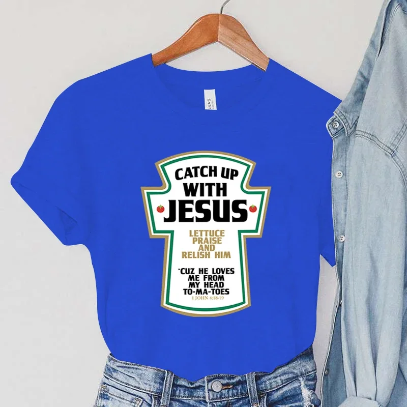 Catch Up with Jesus Women T-Shirts Vintage Bible Verses Female Tops Harajuku Christian Parody Short Sleeve Women\'s Clothing