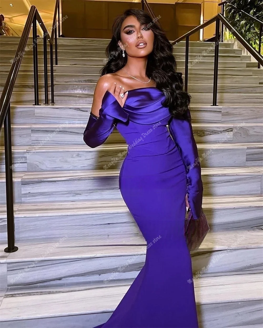 2025 Soft Satin Purple Prom Dresses Women Strapless Long Sleeve Saudi Mermaid Evening Party Gown vestidos de festa Customized