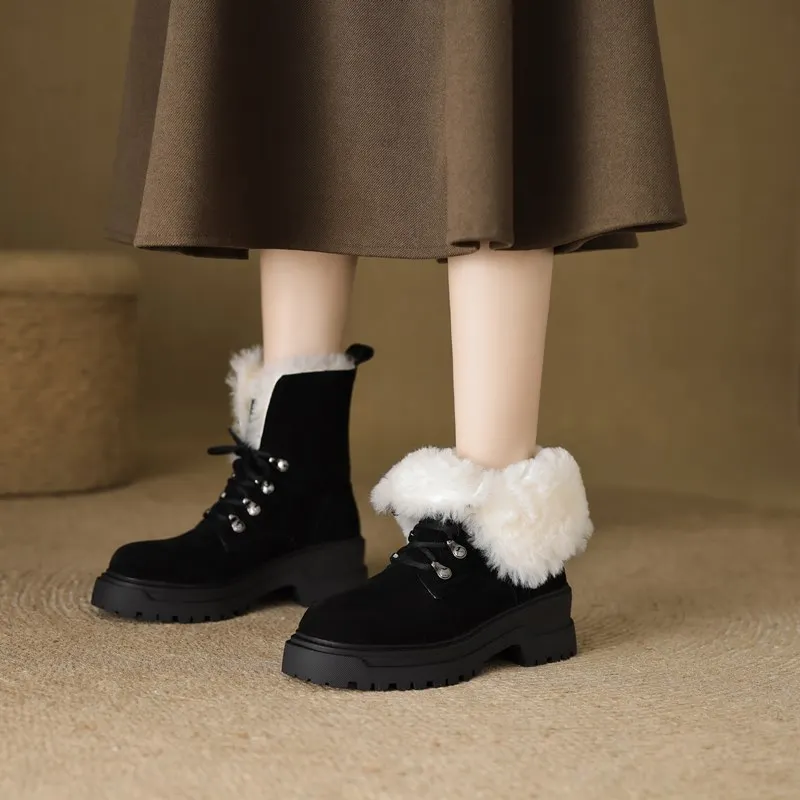 MORAZORA Cow Suede Leather Snow Boots Women Lace Up Round Toe Platform Ankle Boots Nature Wool Warm Winter Boots Ladies Shoes image 5