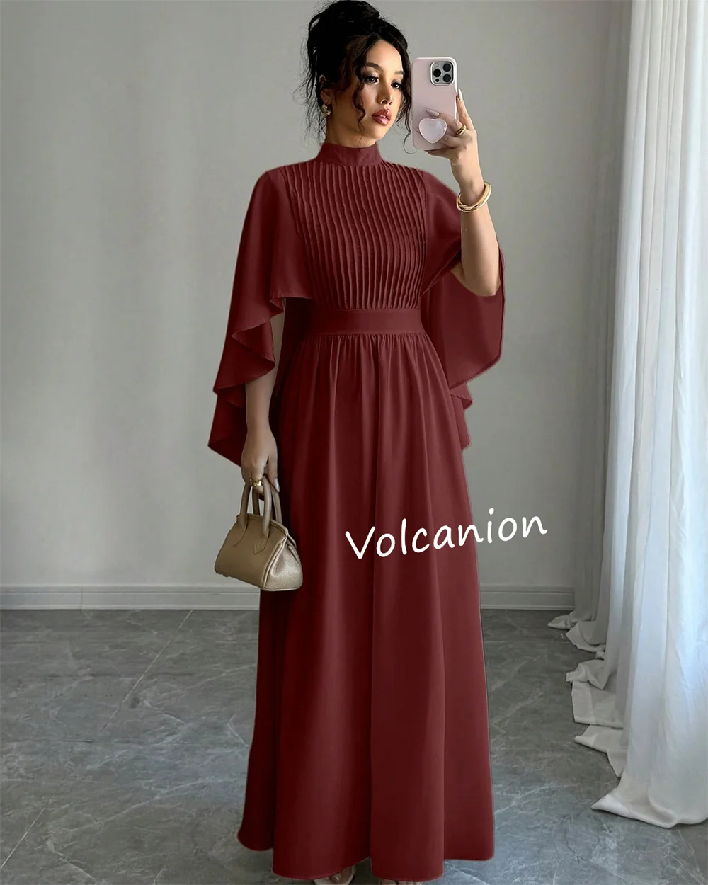 تخصيص الشيفون كشكش الطية ألف خط الياقة العالية فساتين متوسطة الطول مناسبة مخصصة العودة للوطن عادية بسيطة أنيقة