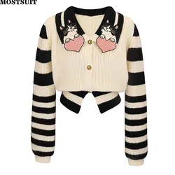 Cartoon Embroidered Stylish Knit Cardigan Sweater Women Striped Elegant Fashion Chic Knitwear 2024 Spring Long Sleeve Jumpers