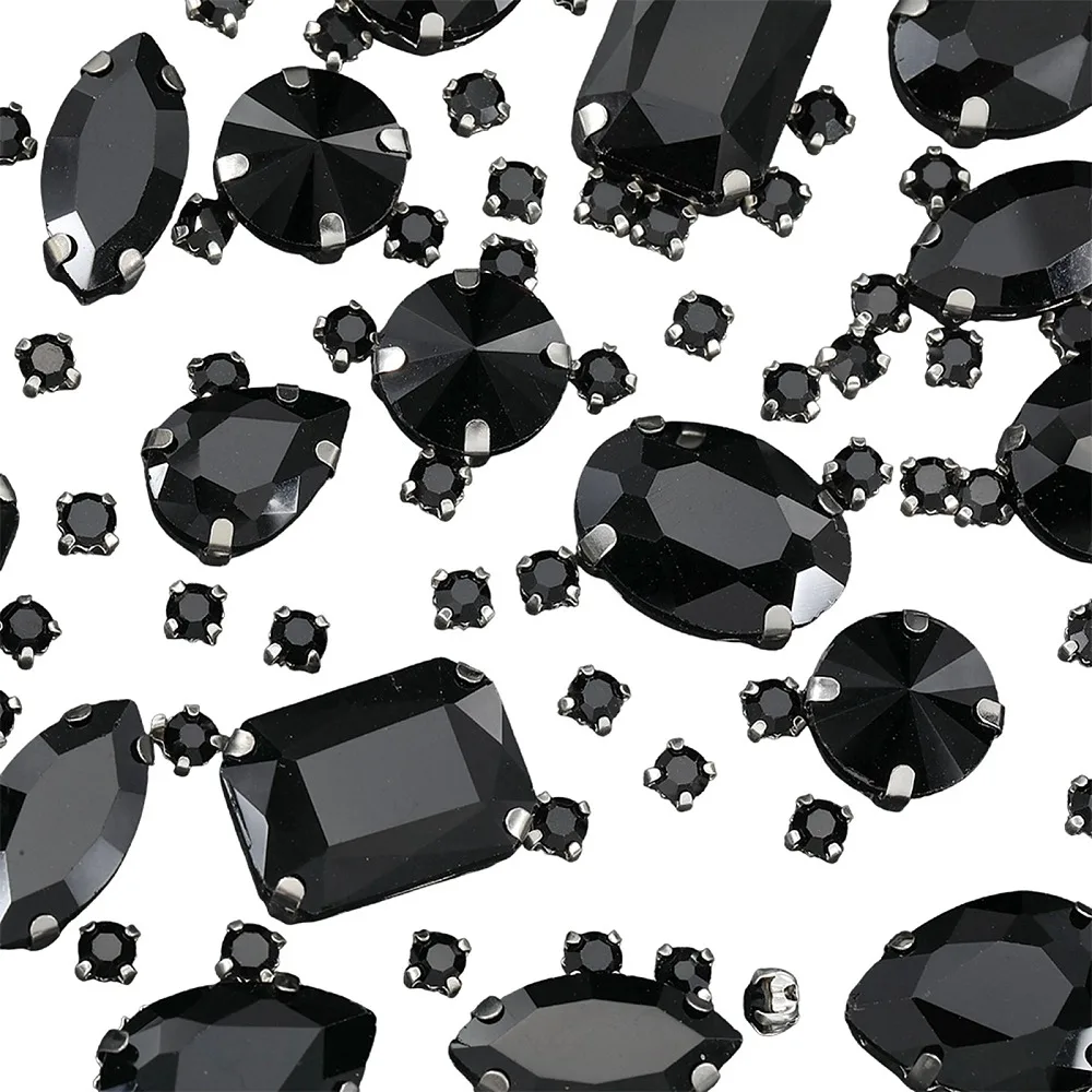 156Pcs 7 Styles Black Glass Sew on Rhinestones Prong Set Crystals Jet Flatback Claw Faceted Small Rectangle Round Teardrop Gems