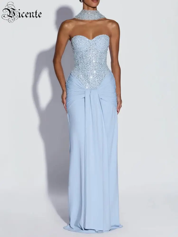 VC 2026 Light Blue Crystal Beaded Evening Dress for Women Strapless Sweetheart Neck Maxi Gown Elegant Ruched Formal Prom Dress