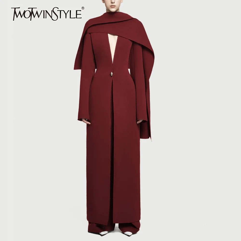 

TWOTWINSTYLE Solid Slimming Temperament Coat for Women V Neck Long Sleeves Patchwork Shawl Elegant Jackets Female Clothing New