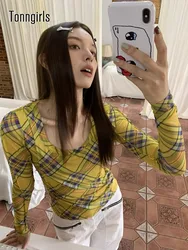 Tonngirls Vintage Plaid Mesh top manica lunga See Through Streetwear Y2k Crop top 2000s magliette stile coreano autunno estate top