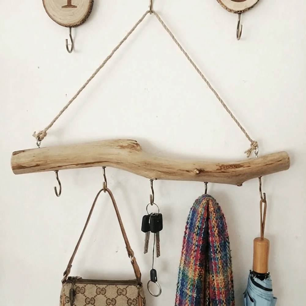Wooden Material Wall Mounted Hook Branch Design Wall-Mounted Driftwood Hook Length 40cm Multiple Hooks Decorative Rack