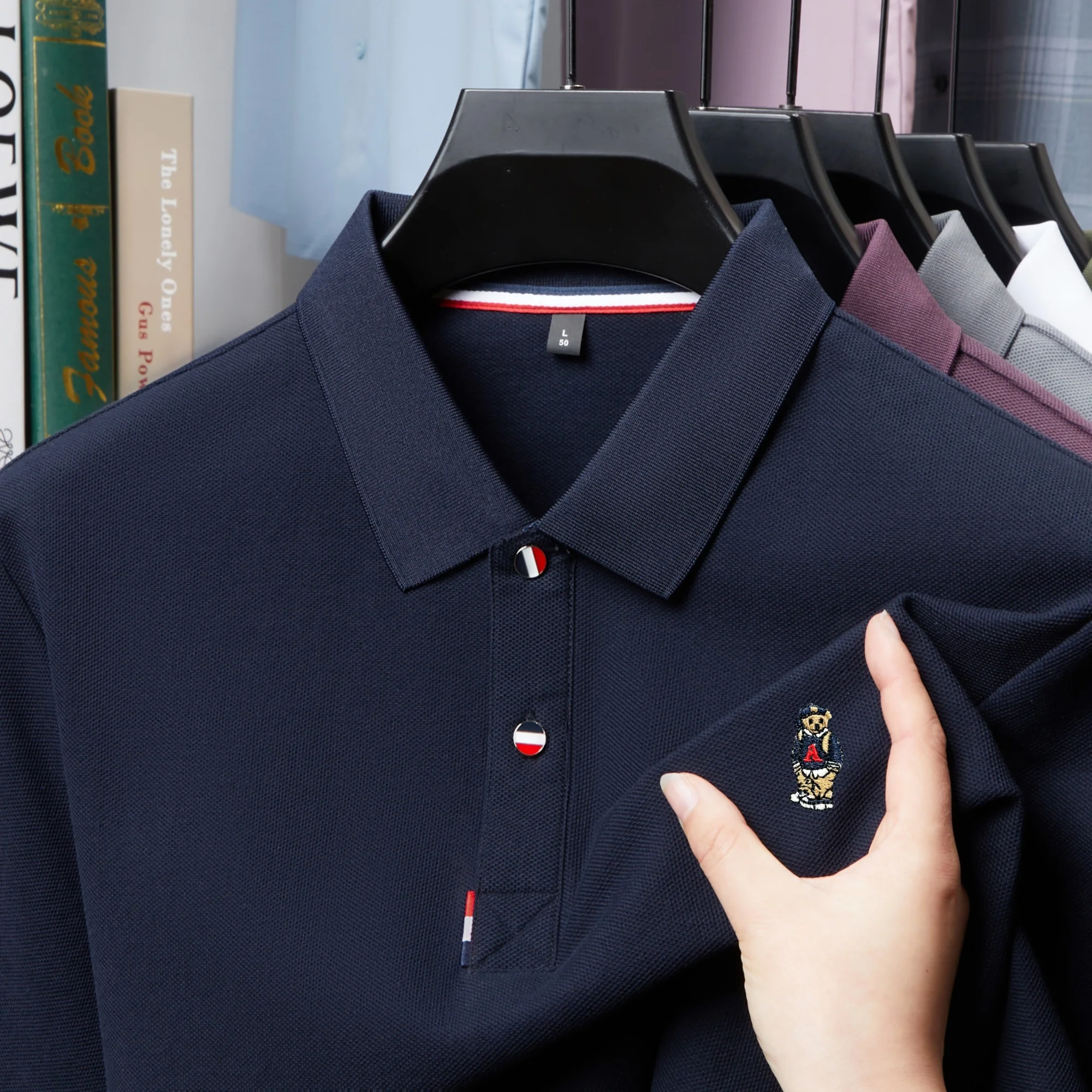 

100% cotton luxury trend brand short sleeve polo shirt fashion cartoon bear embroidery summer solid color comfort men's T-shirt