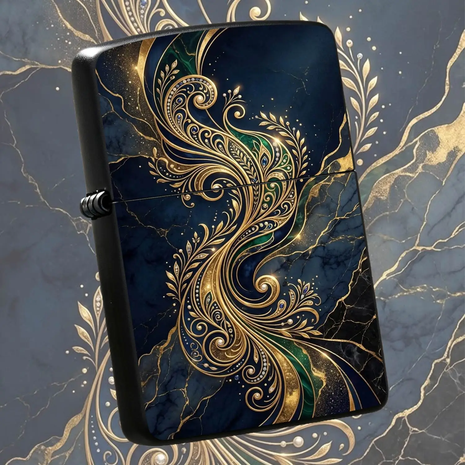 Elegant Swirl Pattern Portable Lighter, Deep Navy Gold Marble Malachite Texture Artistic Decor, Exquisite Craftsmanship, Ideal For Daily Use, Travel, Gatherings, Festive Gifting, Fits All Scenarios, Delicate Aesthetic S A Humorous And Inter