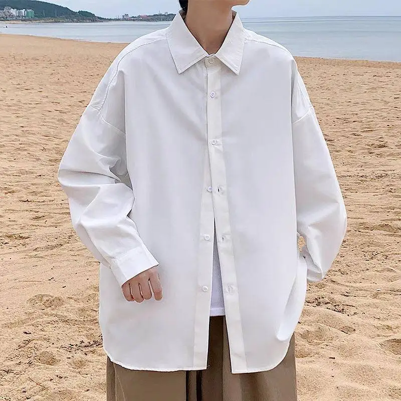 Spring 2026 Men's Korean Turn Collar Shirt Sve Jacket Loose Fit Long Sleeve Silk PU Leather Casual Cleanfit Style Pure Color
