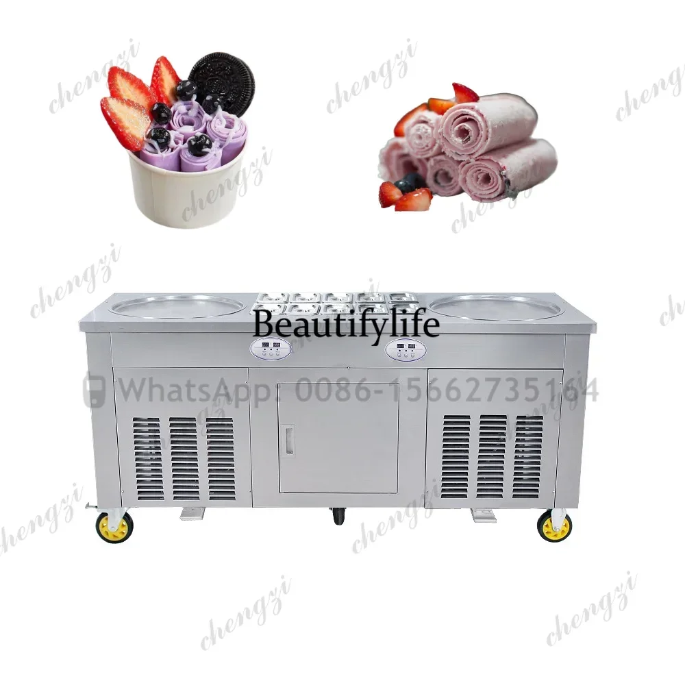 2800W Commercial Fried Ice Cream Roll Machine 10 Buckets Double Pans Stainless Steel Moveable Ice Cream Porridge Maker