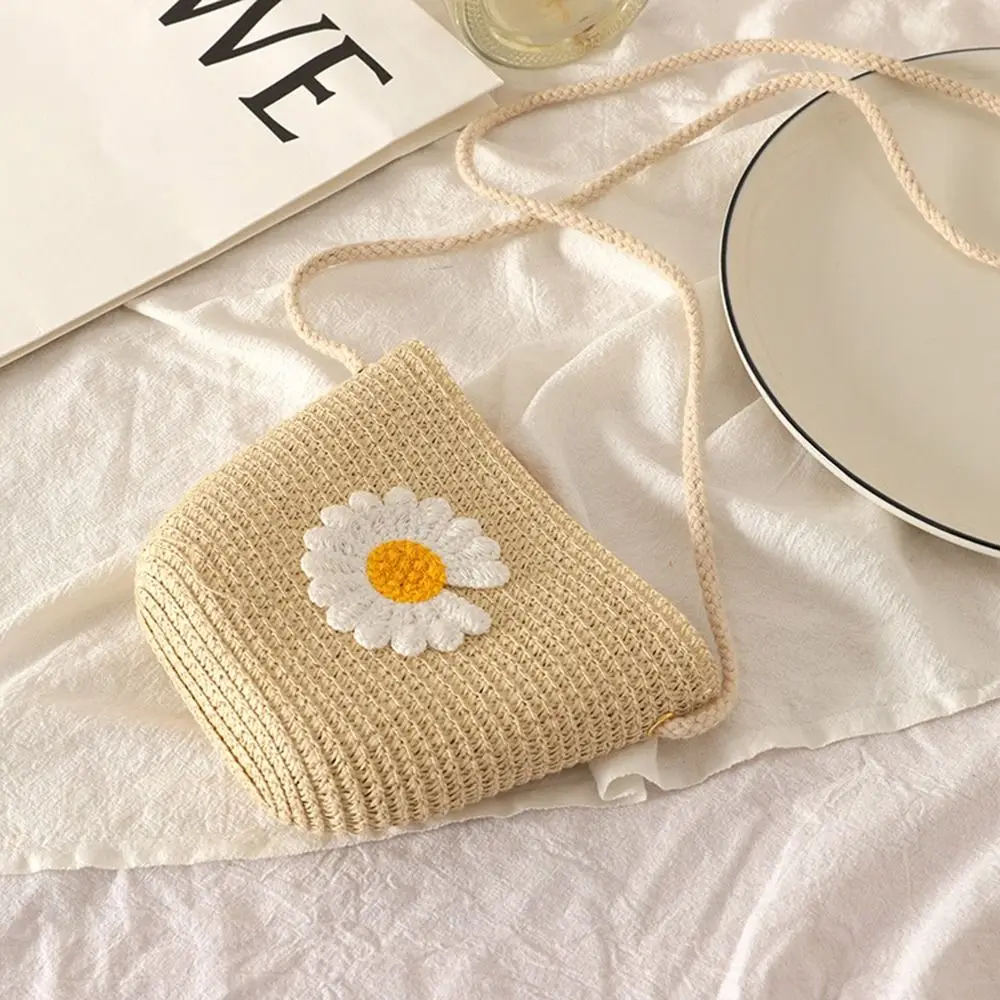 Fashion Straw Children's Straw Beach Bag Casual Heart Pattern Crossbody Bag Cute Handbag Kids