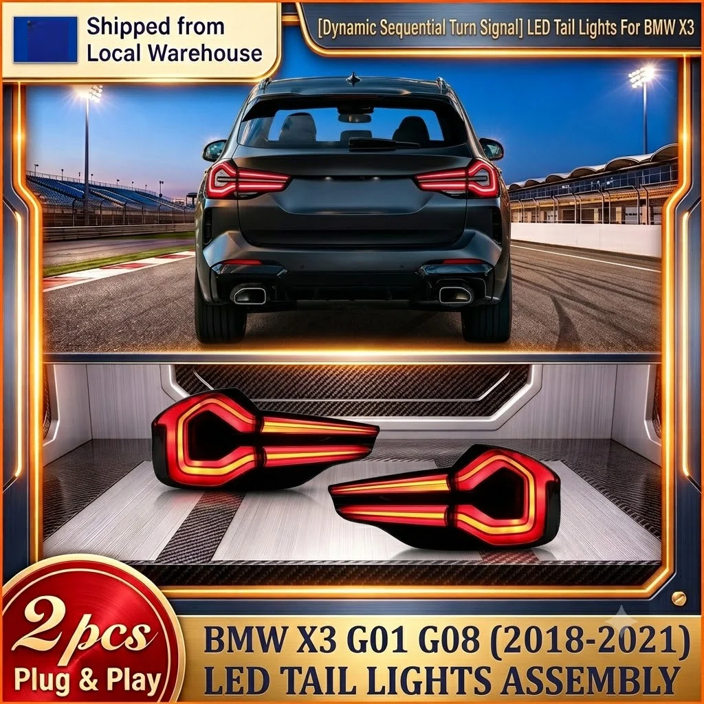 Image of 2 Stück LED-Rückleuchten-Set für BMW X3 G01 G08 2018-2021, integrierte Brems- und Rückfahrleuchten, sequenzieller Blinker, Anti-Fade-Linse, Plug-and-Play, IP67 wasserdicht, Auto-Upgrade-Kit