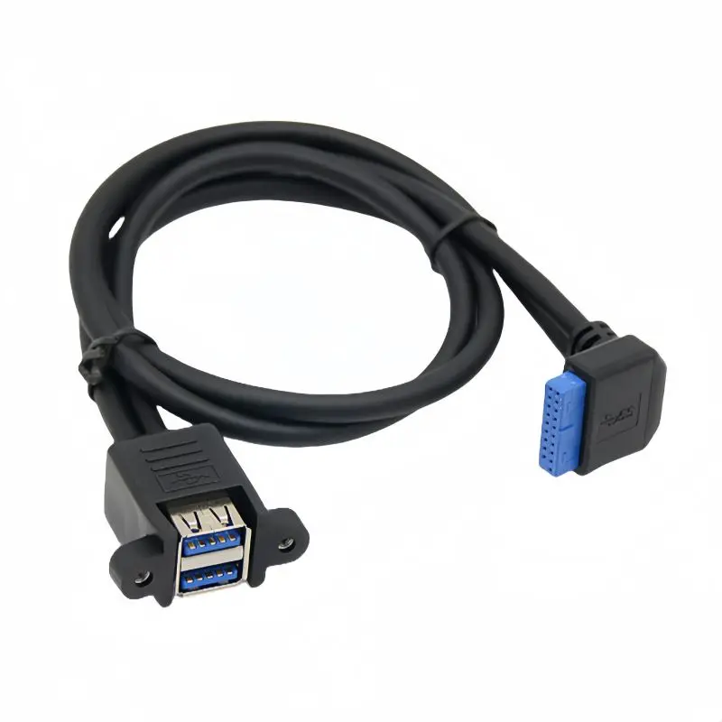 0.3m Motherboard 20Pin Elbow to Double-layer USB3.0 A Female Extension Line with Ear Screw Holes to Fix Chassis Panel Cables