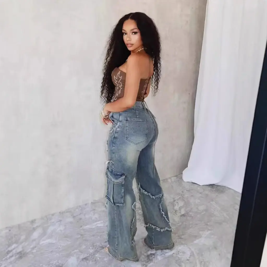 

Джинсы с нишевым дизайном в европейском и американском стиле для популярных девочек, свободные прямые джинсы с кисточками и необработанными краями, пятиконечная звезда