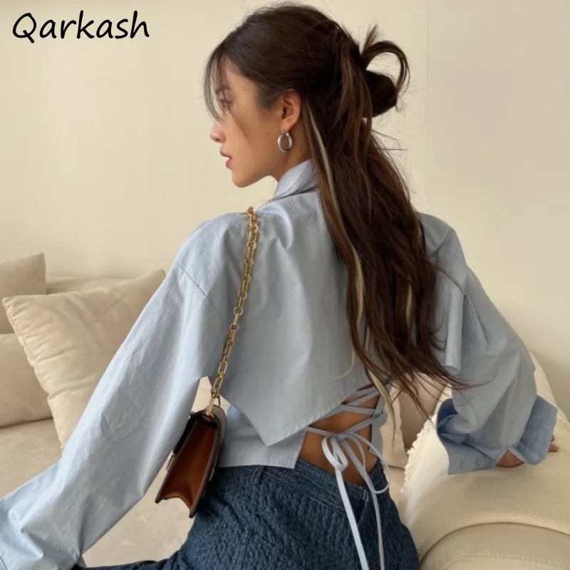 Bandage Backless Shirts Women Sexy Crop Tops Loose Summer Waistless Chic New Hotsweet Design Korean Fashion Clothing Long-sleeve