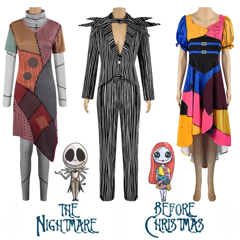 

Nightmare Before Christmas Jack Skellington Sally Cosplay Costume Anime Striped Top Pant Outfit Halloween Party Uniform Kid Gift