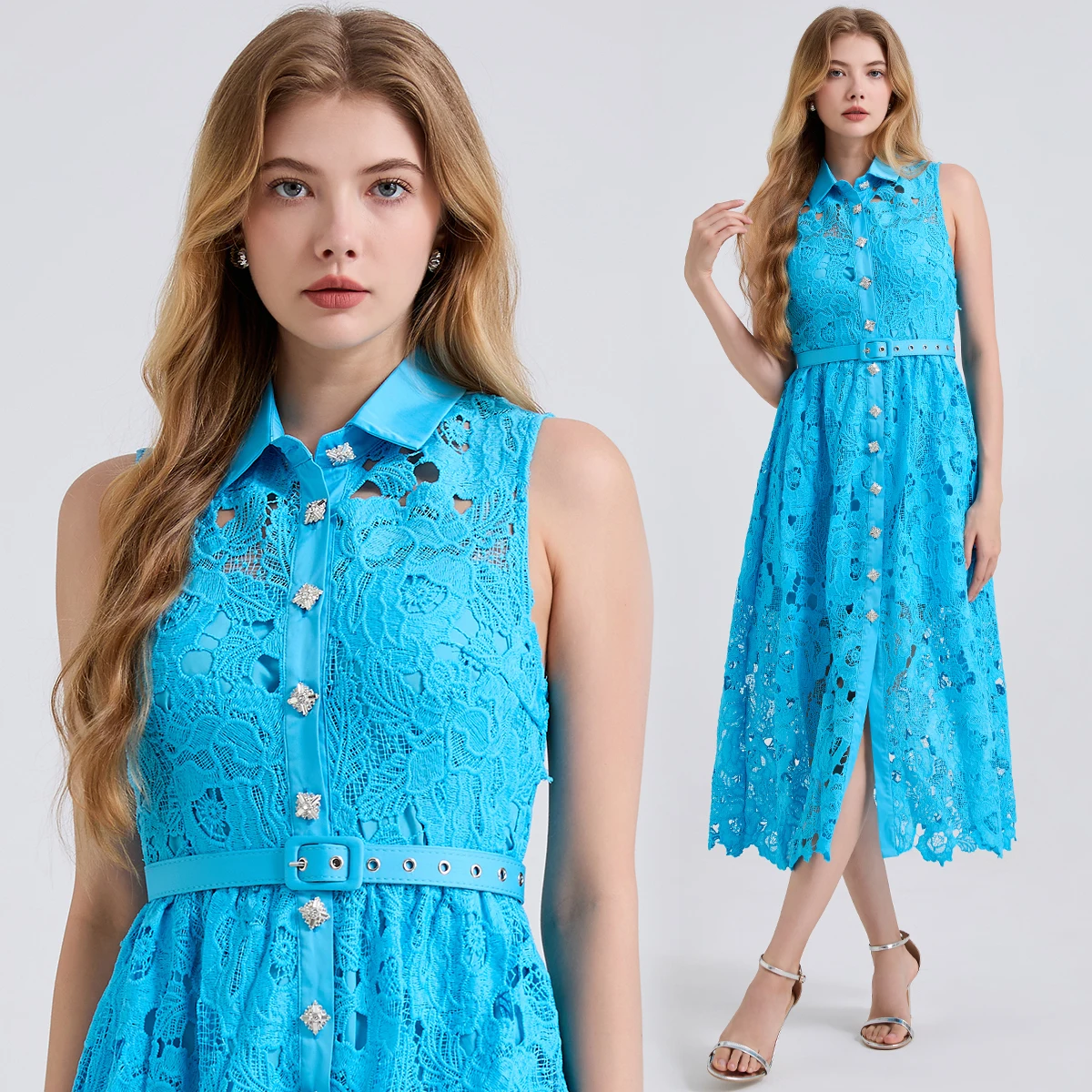 夏の成熟した女性の服レースシャツ襟ハイウエストノースリーブドレス締め付けウエストとダイヤモンドバックル A ラインドレス