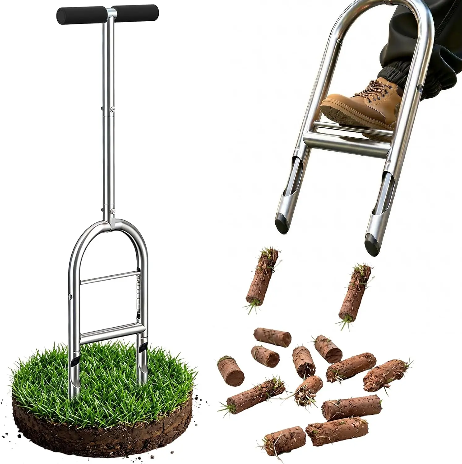 

Manual Lawn Aerator Tool - Step-to-Eject, Never-Clogging, Heavy-Duty Steel, Easy DIY Plug Aerator for Healthier Grass (Black)