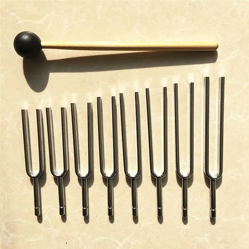 SALE AA63 8 Pack 256-512HZ Steel Tuning Fork Set Mallet Vibration Therapy Tools